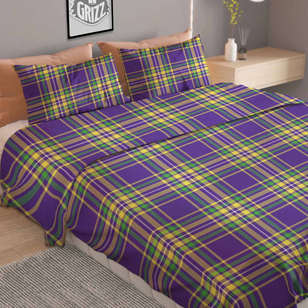 Tartan Plaid Mardi Gras Print Pattern Duvet Cover Bedding Set - Image 2
