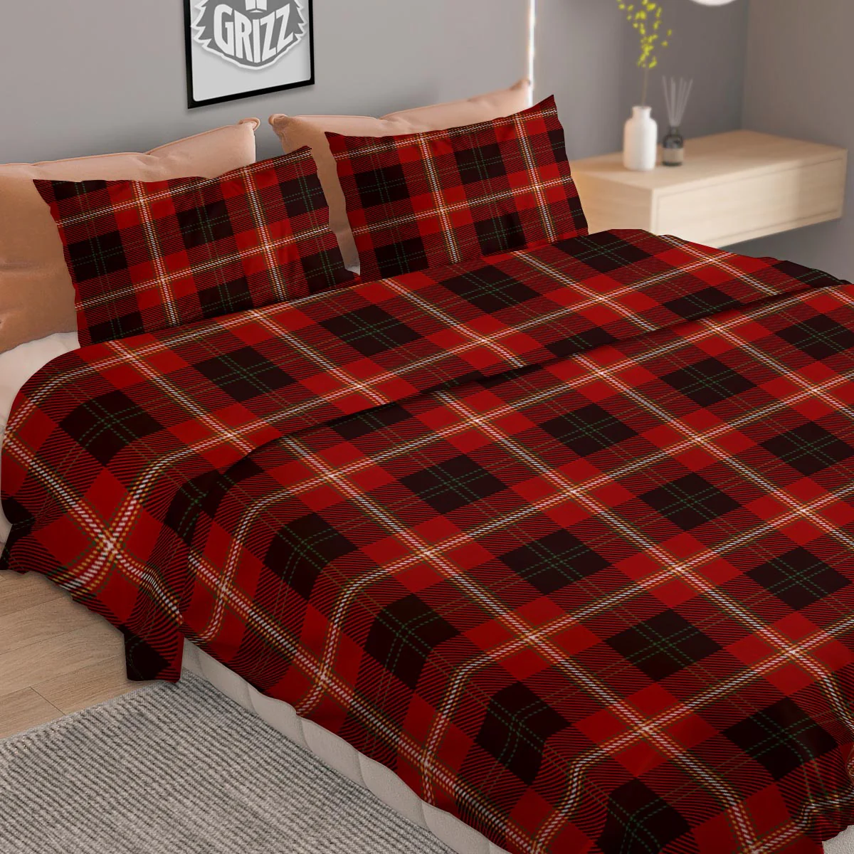 Tartan White And Red Print Pattern Duvet Cover Bedding Set - Image 2
