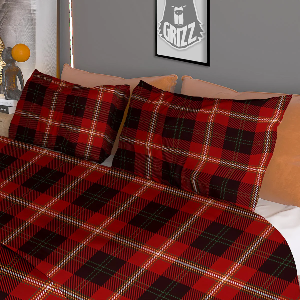 Tartan White And Red Print Pattern Duvet Cover Bedding Set - Image 3