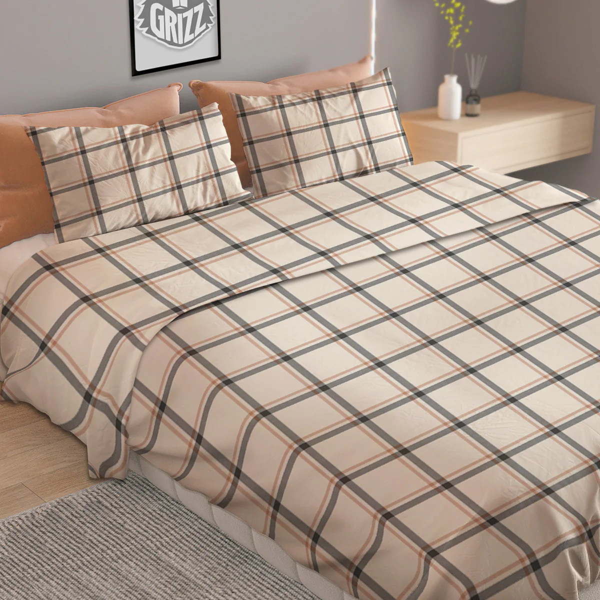 Tattersall Beige Print Pattern Duvet Cover Bedding Set - Image 2