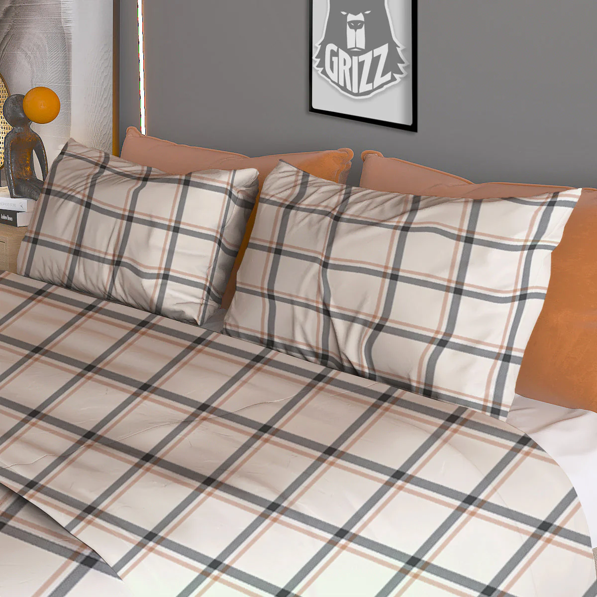 Tattersall Beige Print Pattern Duvet Cover Bedding Set - Image 3