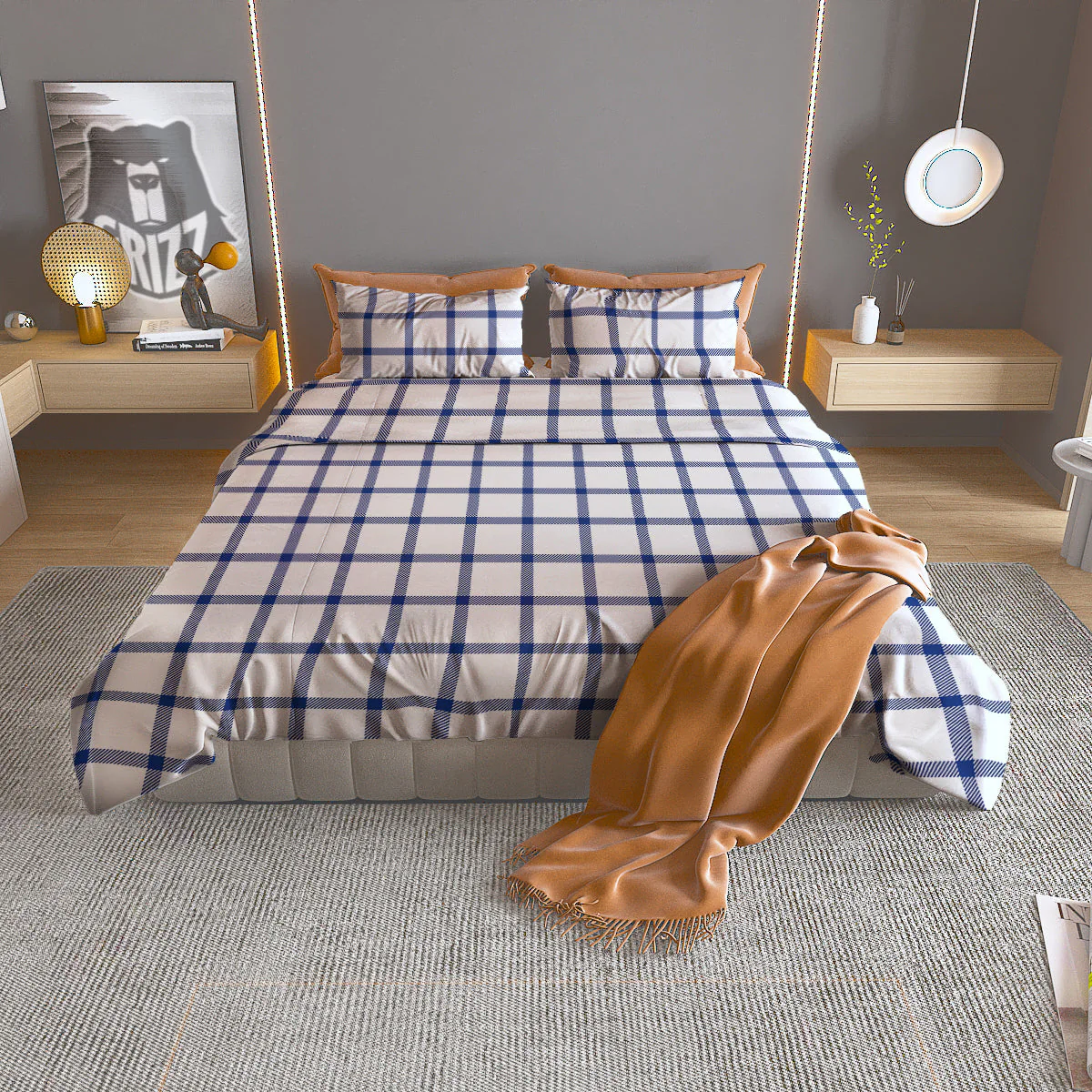 Tattersall Blue And White Print Pattern Duvet Cover Bedding Set
