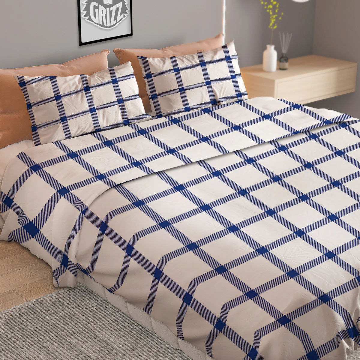 Tattersall Blue And White Print Pattern Duvet Cover Bedding Set - Image 2