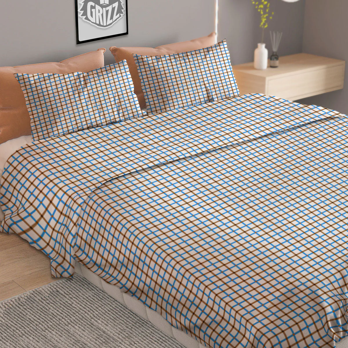 Tattersall Brown And Blue Print Pattern Duvet Cover Bedding Set - Image 2