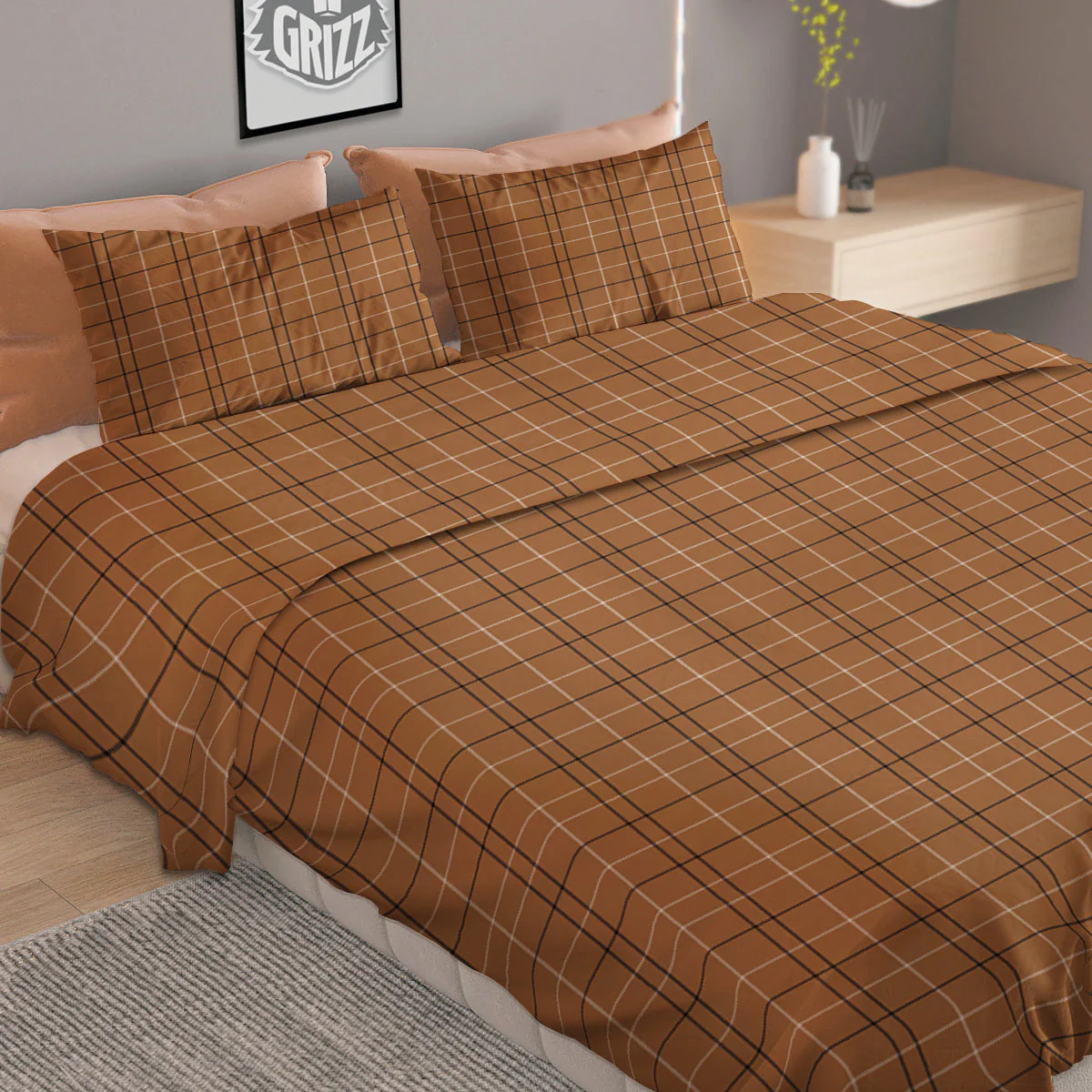Tattersall Brown Print Pattern Duvet Cover Bedding Set - Image 2