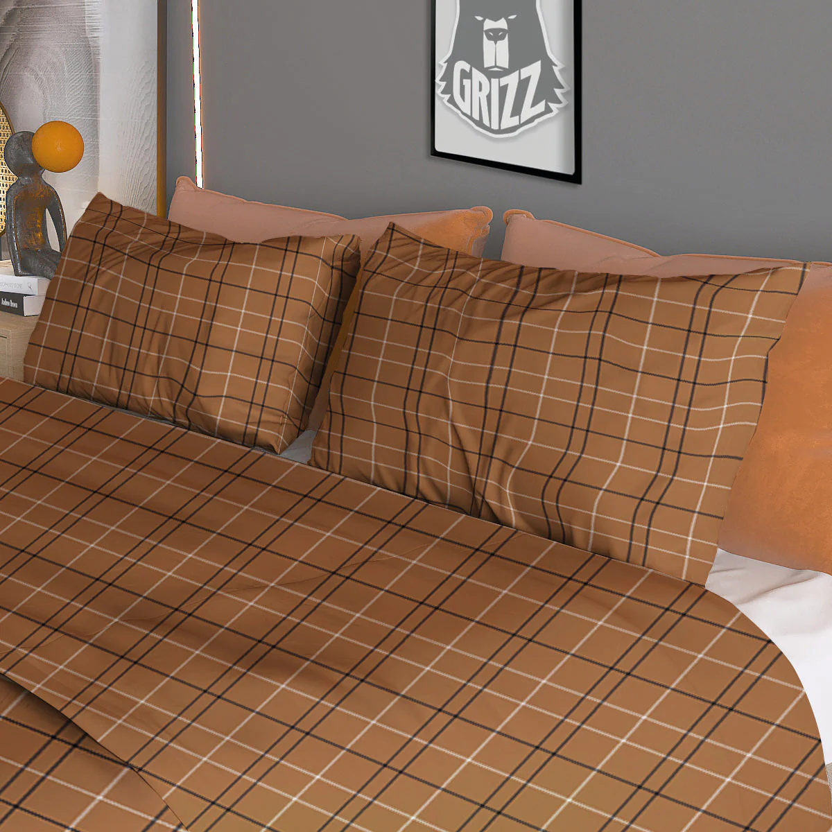 Tattersall Brown Print Pattern Duvet Cover Bedding Set - Image 3