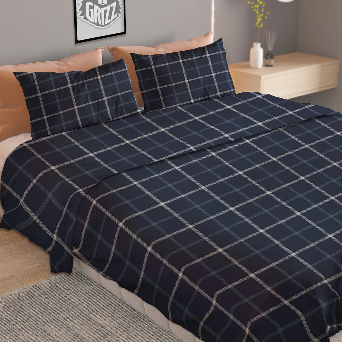 Tattersall Dark Blue Print Pattern Duvet Cover Bedding Set - Image 2