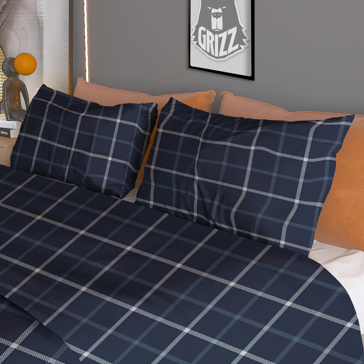 Tattersall Dark Blue Print Pattern Duvet Cover Bedding Set - Image 3