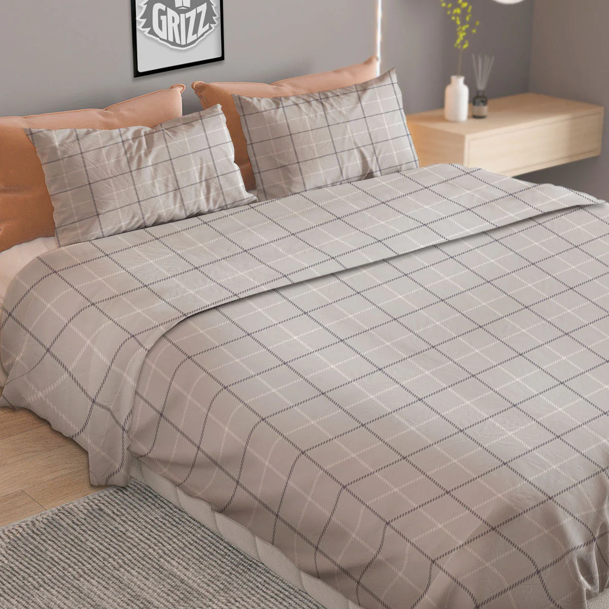 Tattersall Grey Print Pattern Duvet Cover Bedding Set - Image 2