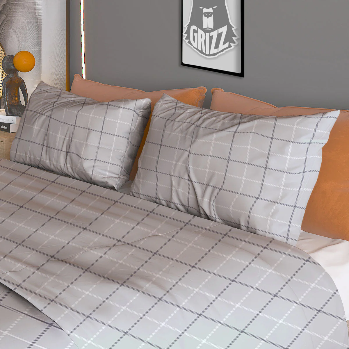 Tattersall Grey Print Pattern Duvet Cover Bedding Set - Image 3
