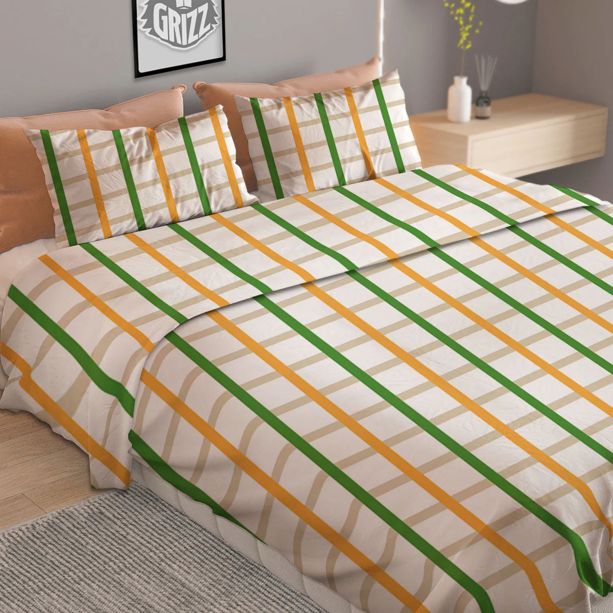 Tattersall Orange And Green Line Print Duvet Cover Bedding Set - Image 2