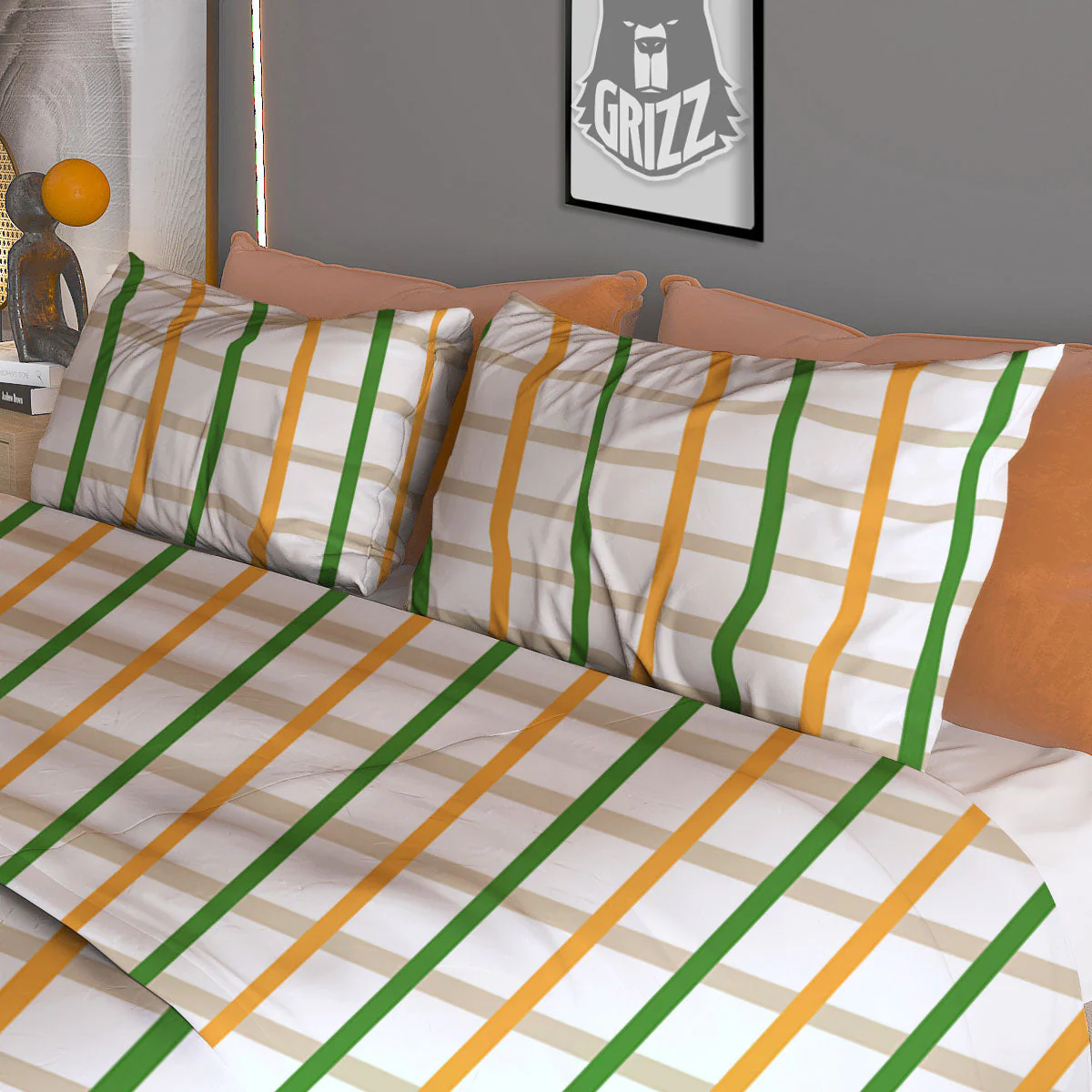 Tattersall Orange And Green Line Print Duvet Cover Bedding Set - Image 3