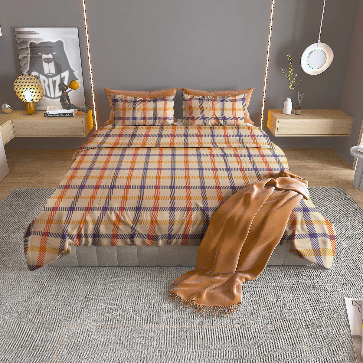 Tattersall Orange And Purple Print Pattern Duvet Cover Bedding Set