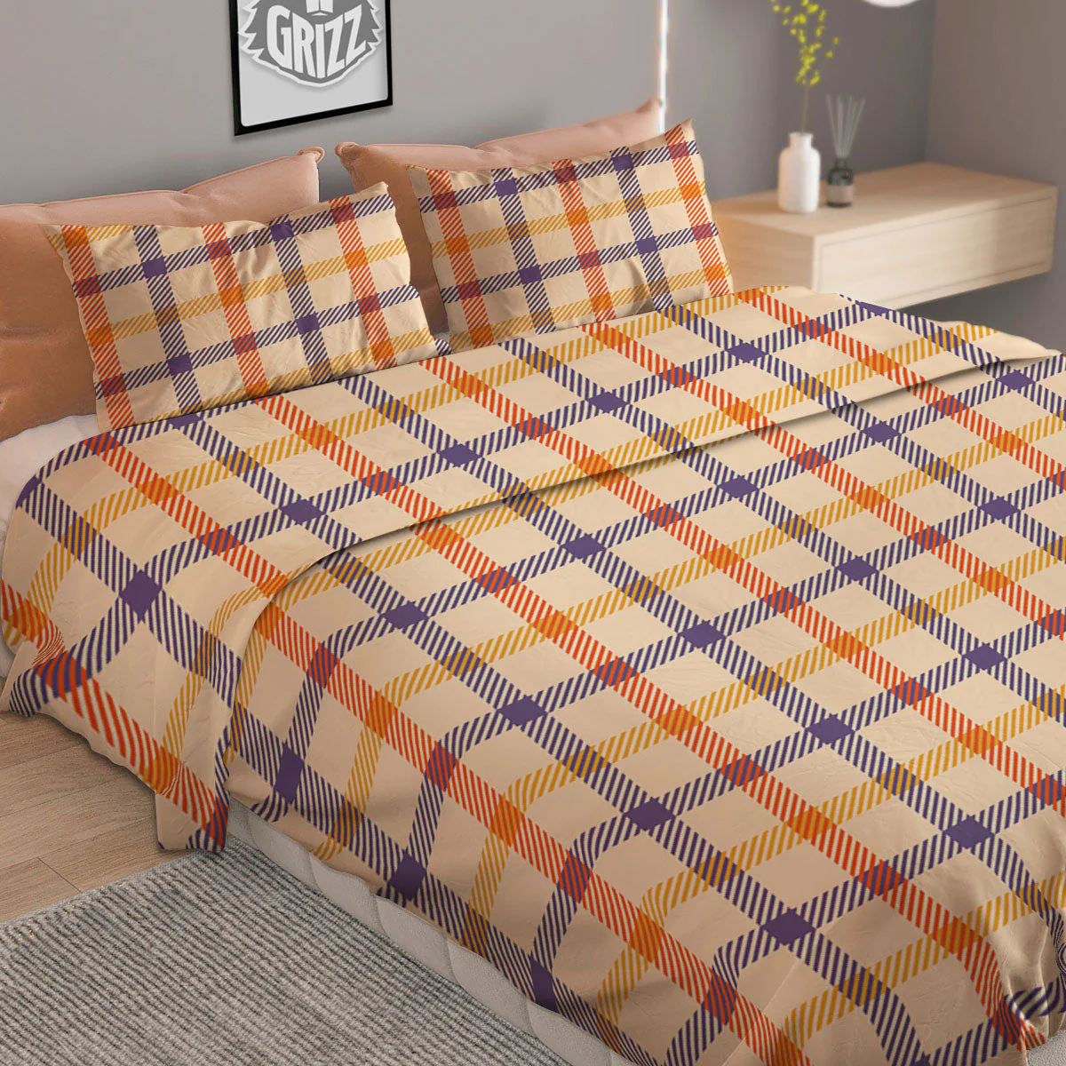 Tattersall Orange And Purple Print Pattern Duvet Cover Bedding Set - Image 2