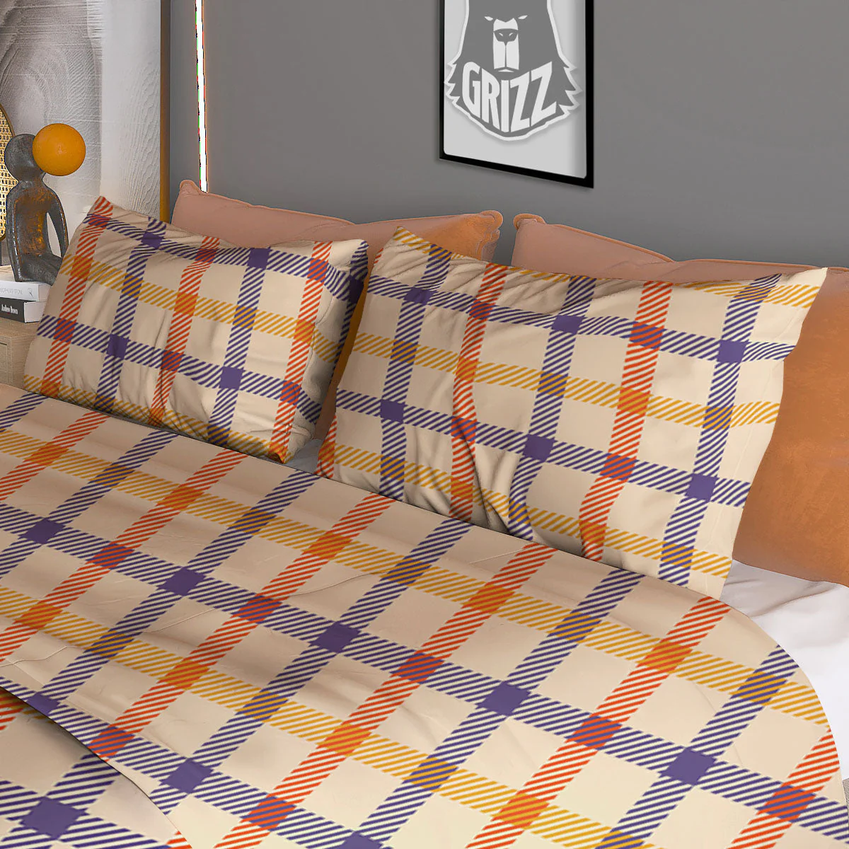 Tattersall Orange And Purple Print Pattern Duvet Cover Bedding Set - Image 3