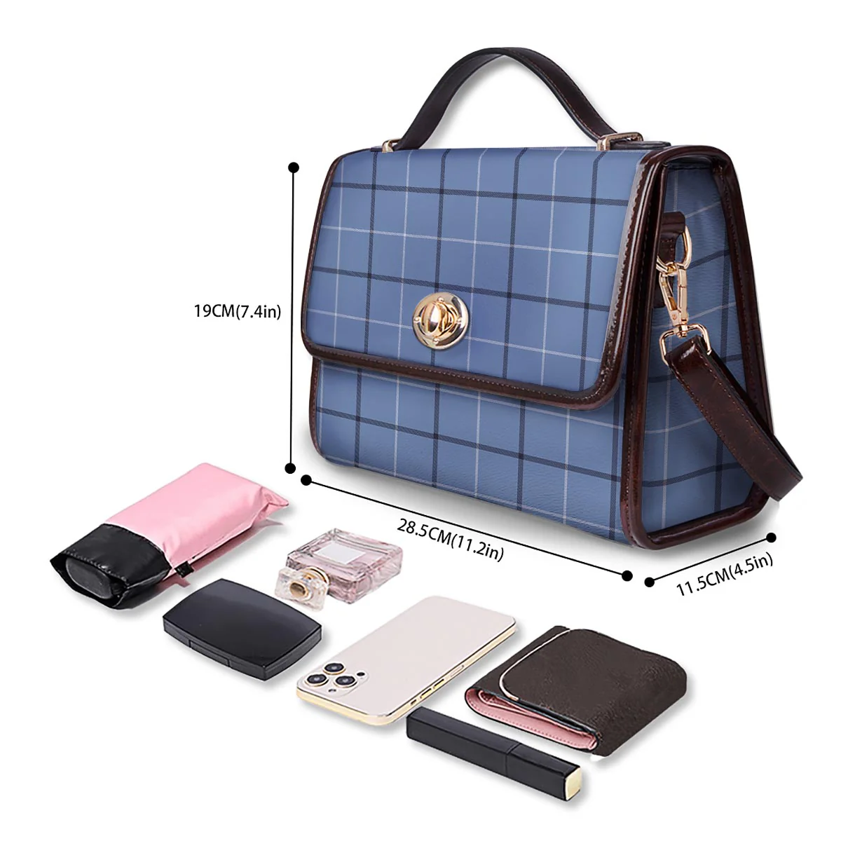 Tattersall Solf Blue Print Pattern Women's Satchel Bag - Image 4
