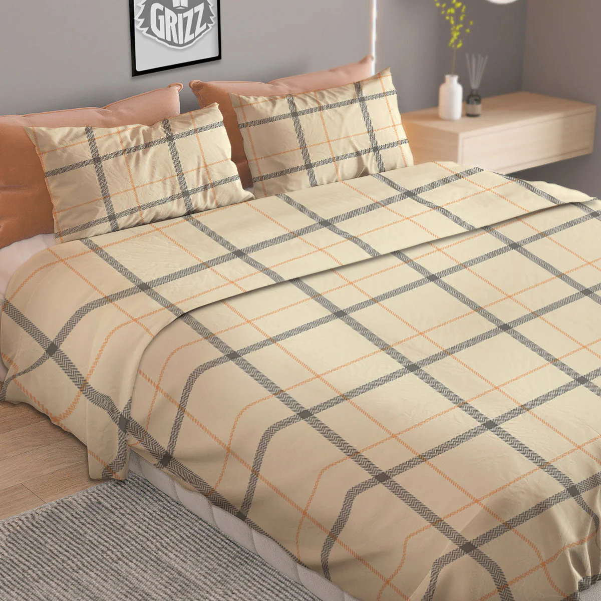Tattersall Yellow And Beige Print Pattern Duvet Cover Bedding Set - Image 2