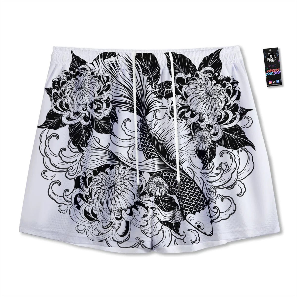 Tattoo Japanese Elemental Print Mesh Shorts