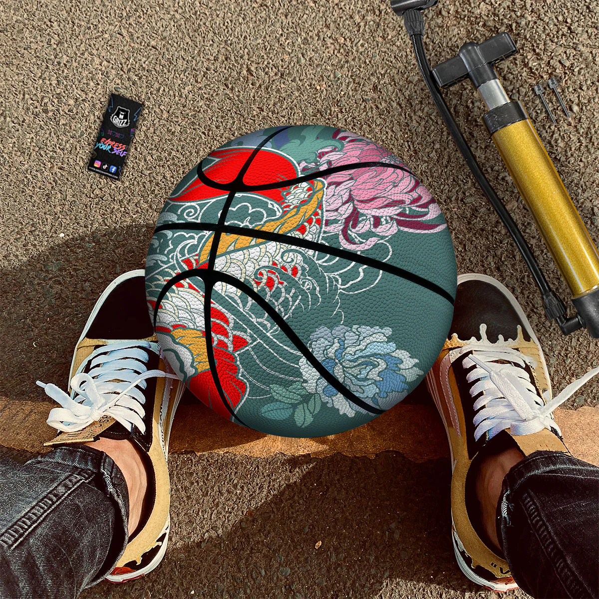 Tattoo Japanese Koi And Flower Print Basketball - Image 2