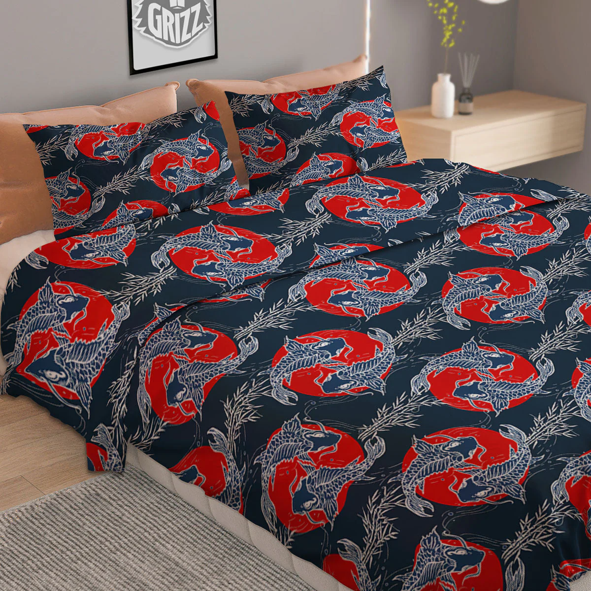 Tattoo Koi Fish Japanese Print Pattern Duvet Cover Bedding Set - Image 2