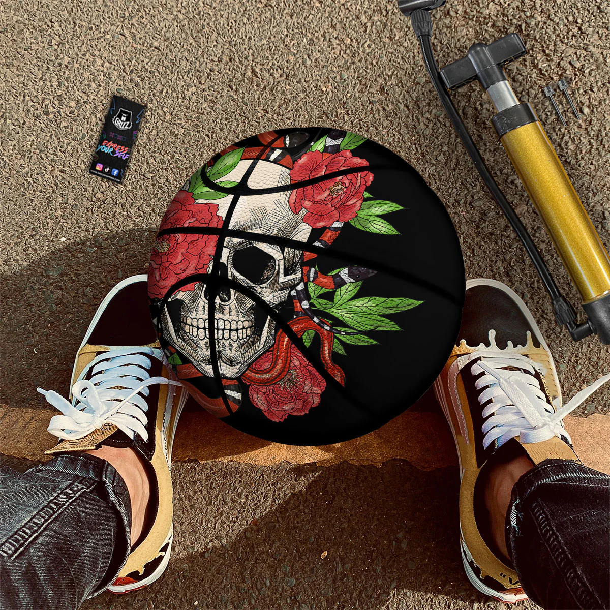 Tattoo Roses And Skull Print Basketball - Image 2