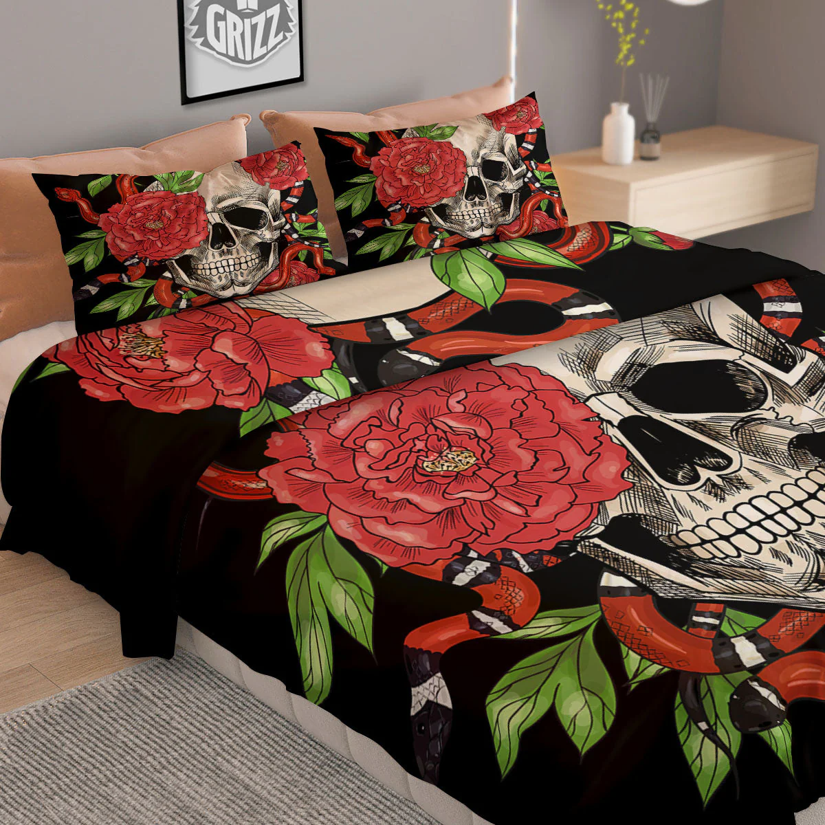 Tattoo Roses And Skull Print Duvet Cover Bedding Set - Image 2