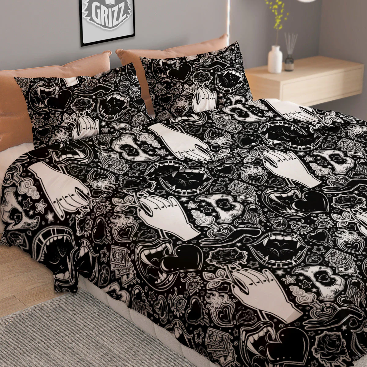 Tattoo Vampire Black and White Print Pattern Duvet Cover Bedding Set - Image 2