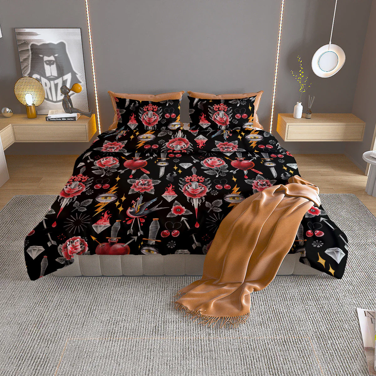Tattoo Watercolor Print Pattern Duvet Cover Bedding Set