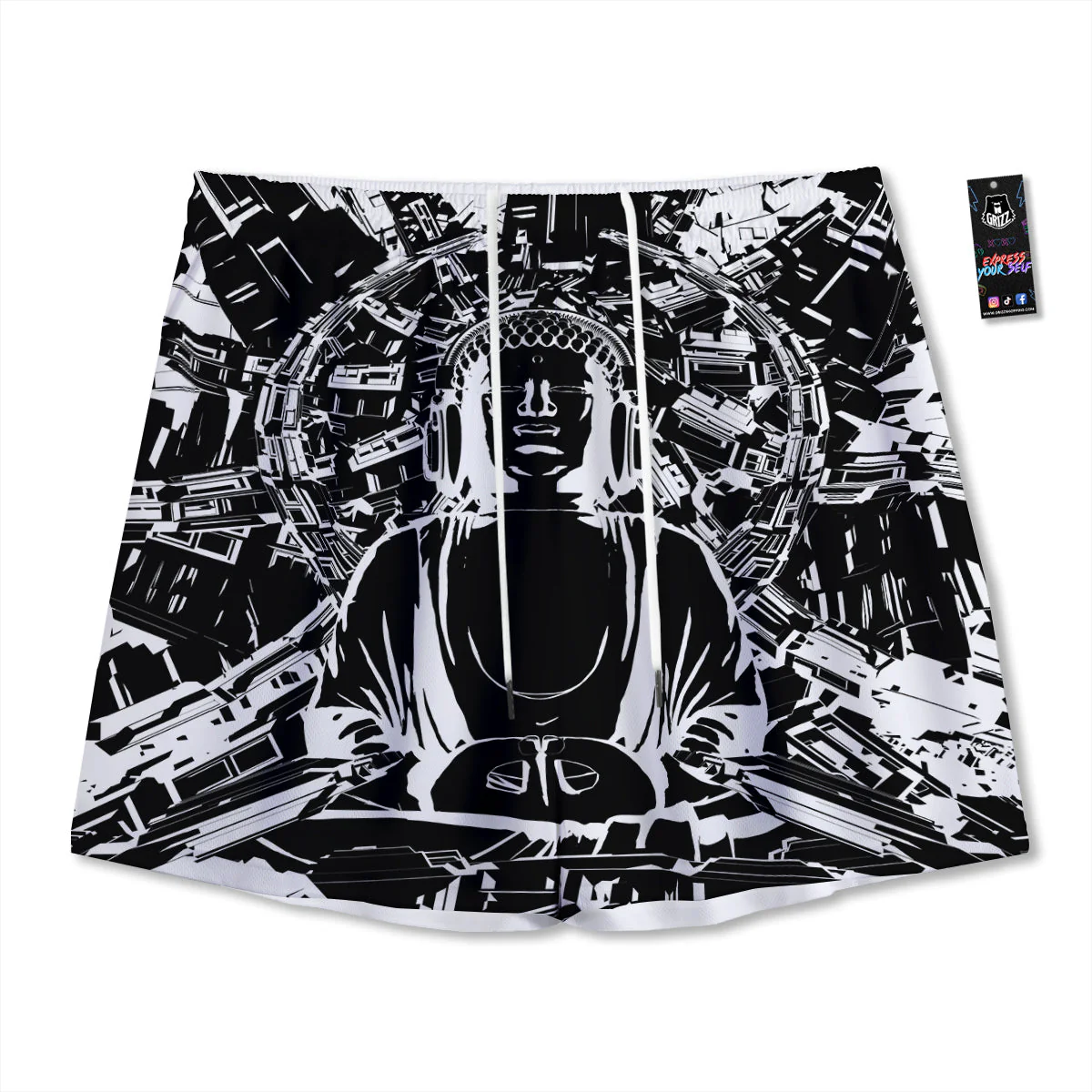 Technical Buddha Black And White Print Mesh Shorts