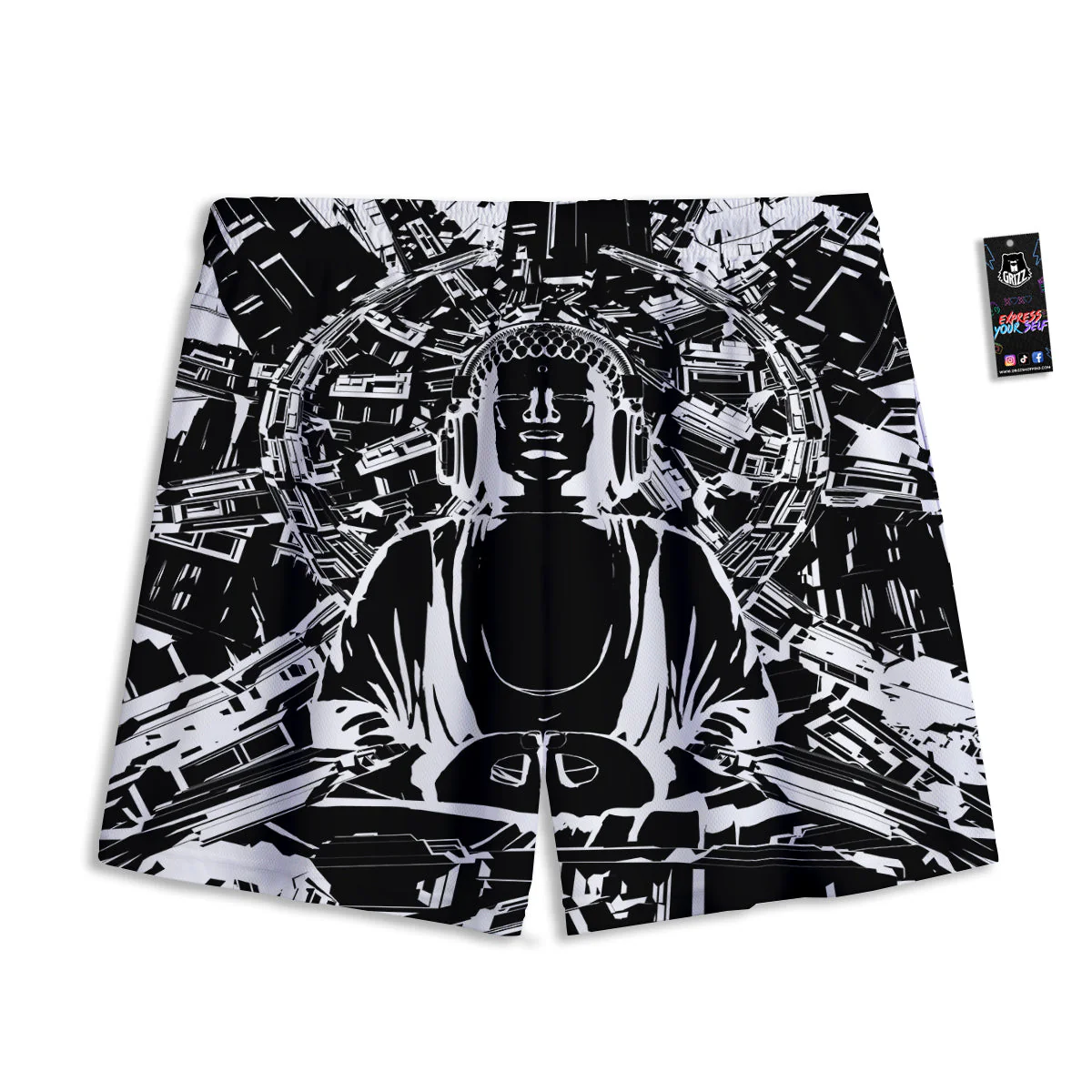 Technical Buddha Black And White Print Mesh Shorts - Image 2