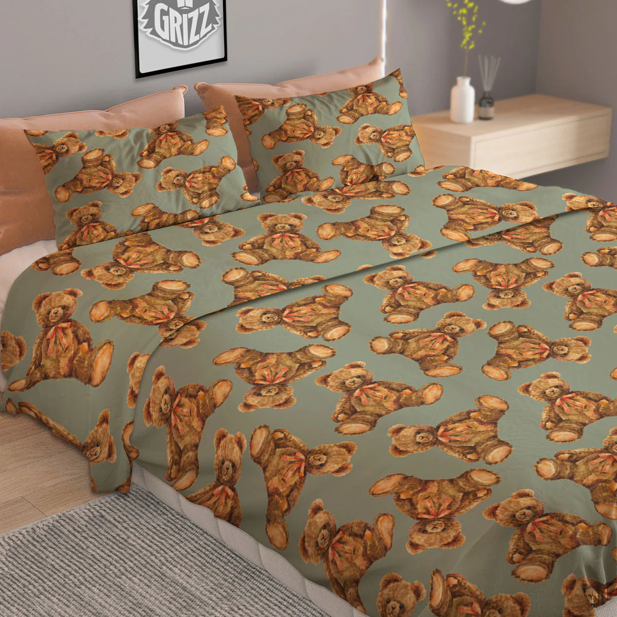 Teddy Bear Watercolor Print Pattern Duvet Cover Bedding Set - Image 2