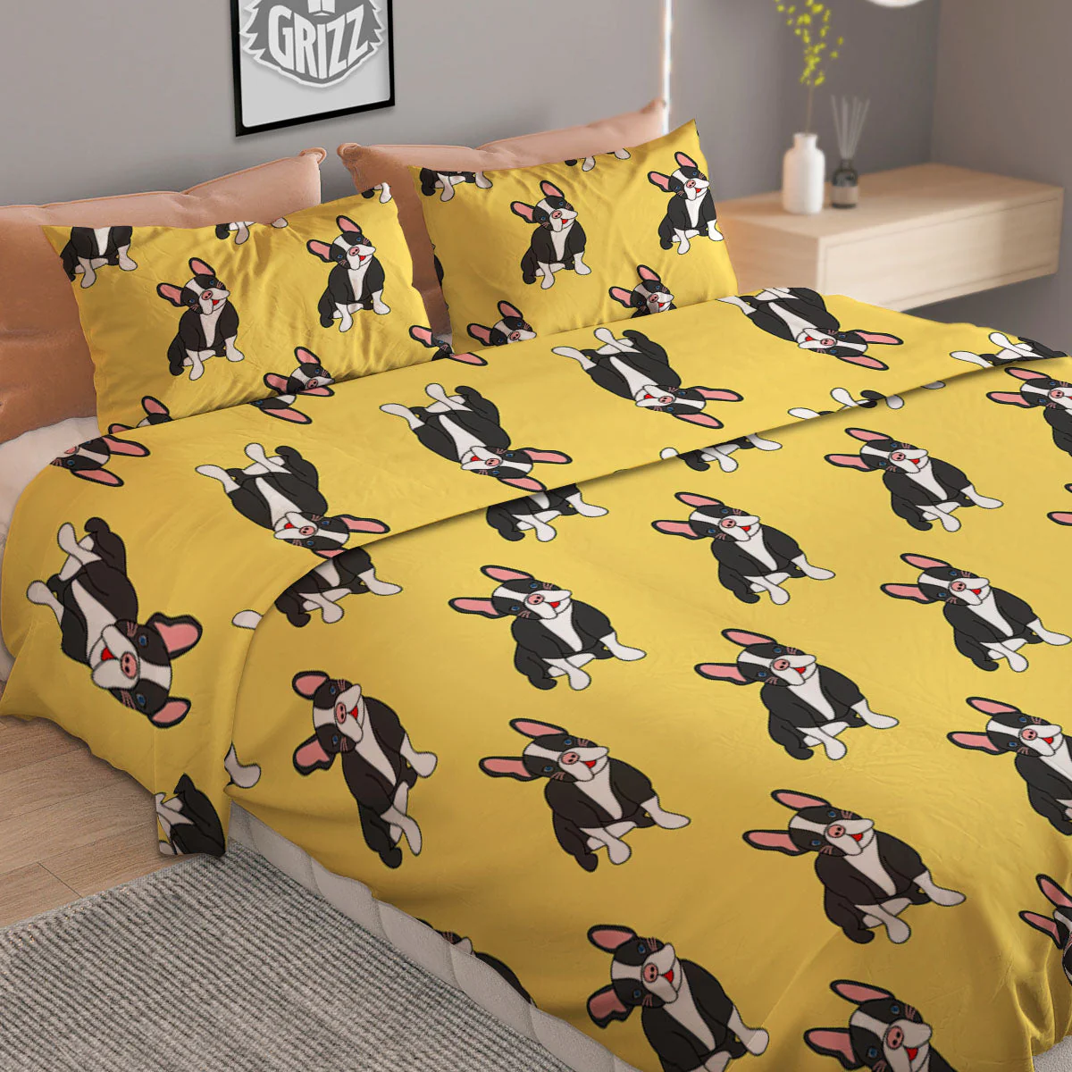 Terrier Boston Yellow Print Pattern Duvet Cover Bedding Set - Image 2