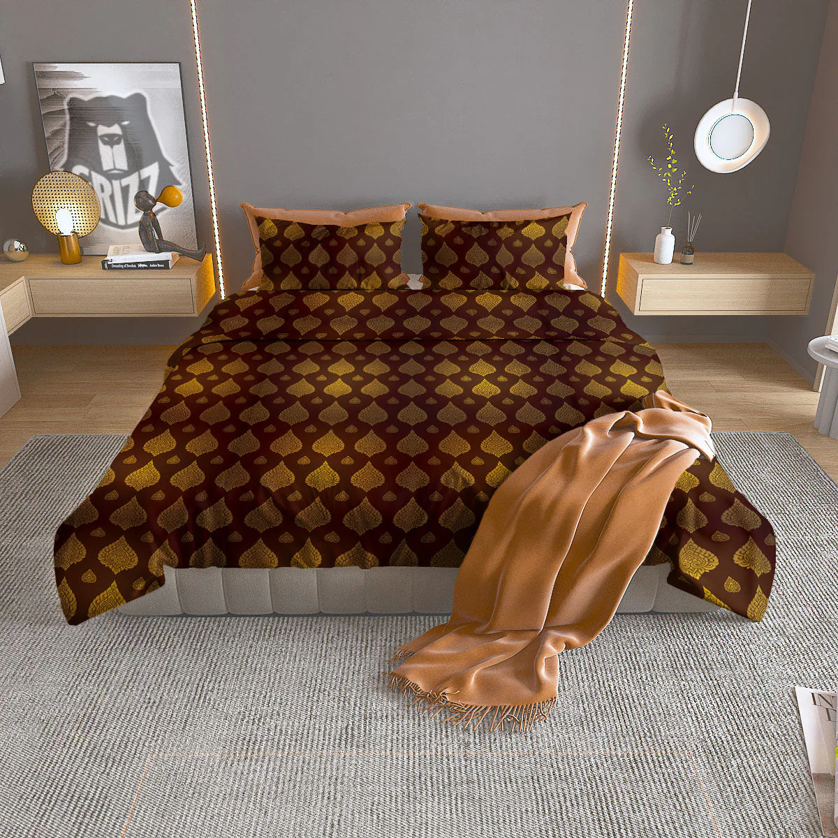 Thai Art Brown And Gold Print Pattern Duvet Cover Bedding Set