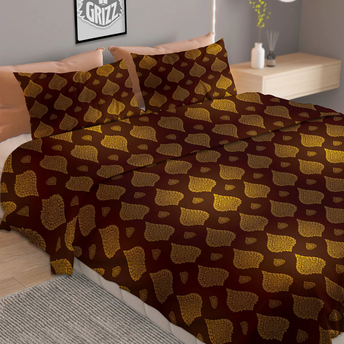 Thai Art Brown And Gold Print Pattern Duvet Cover Bedding Set - Image 2