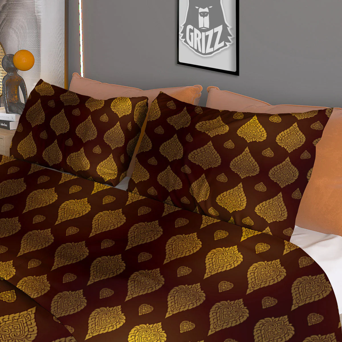 Thai Art Brown And Gold Print Pattern Duvet Cover Bedding Set - Image 3