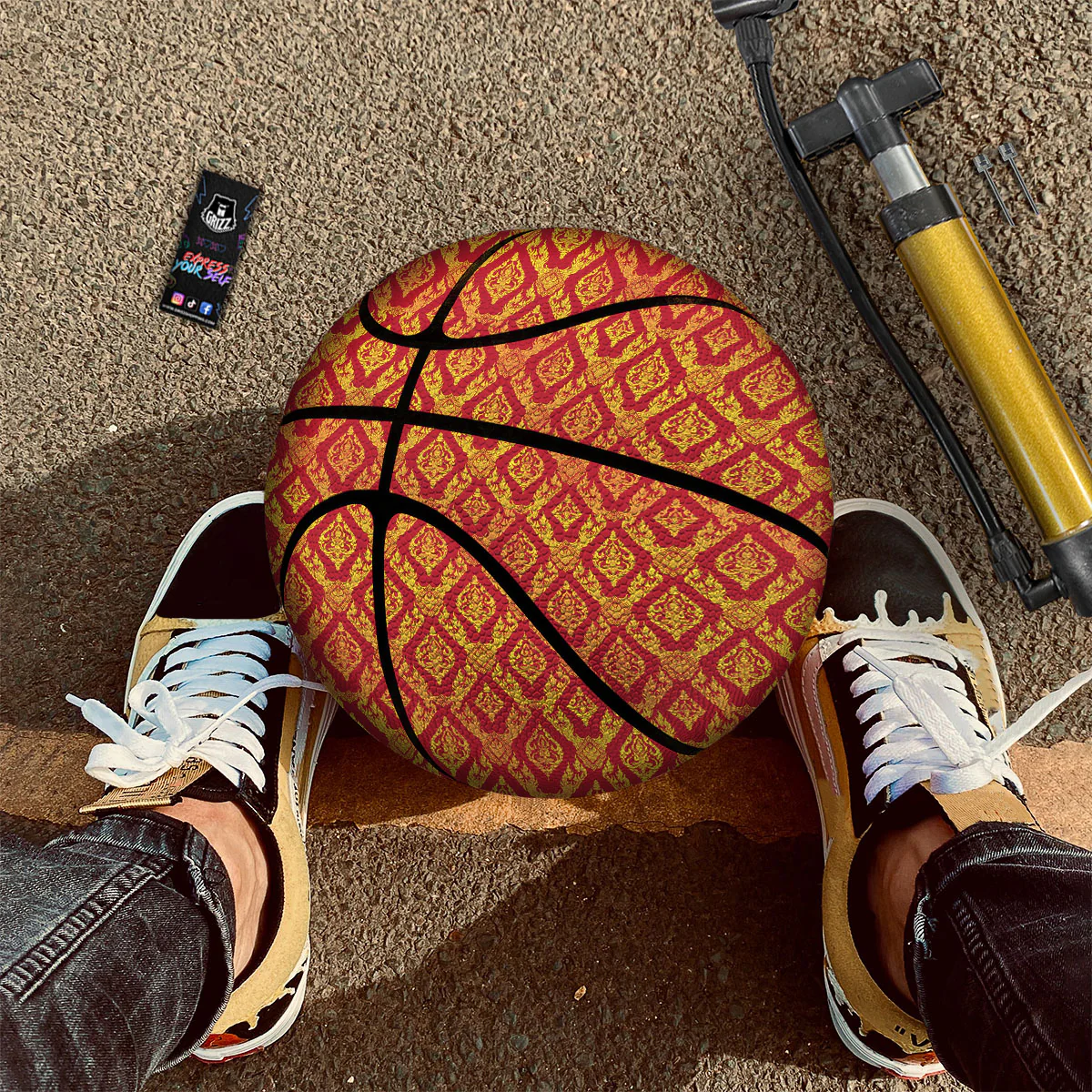 Thai Art Red And Gold Print Pattern Basketball - Image 2