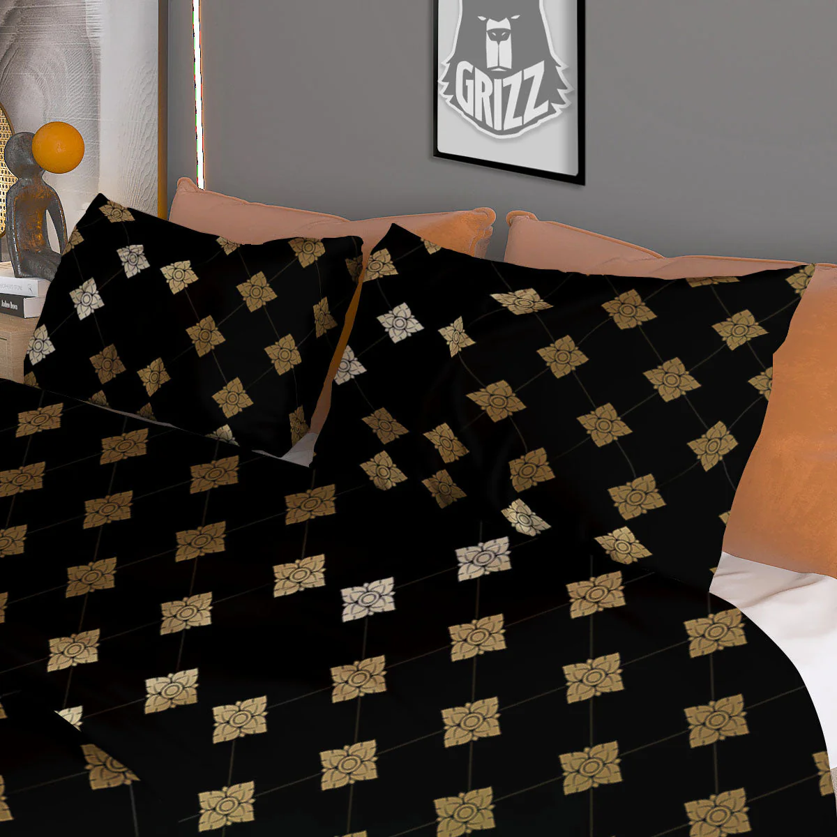 Thai Black And Gold Print Pattern Duvet Cover Bedding Set - Image 3
