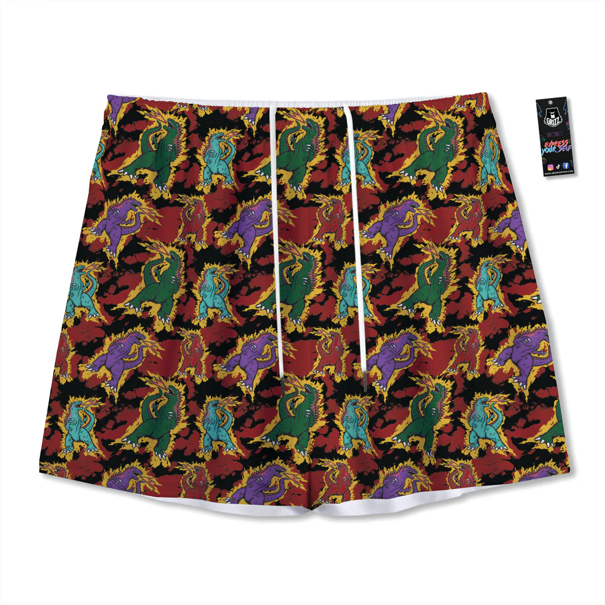 Tie Dye And Godzilla Print Pattern Mesh Shorts