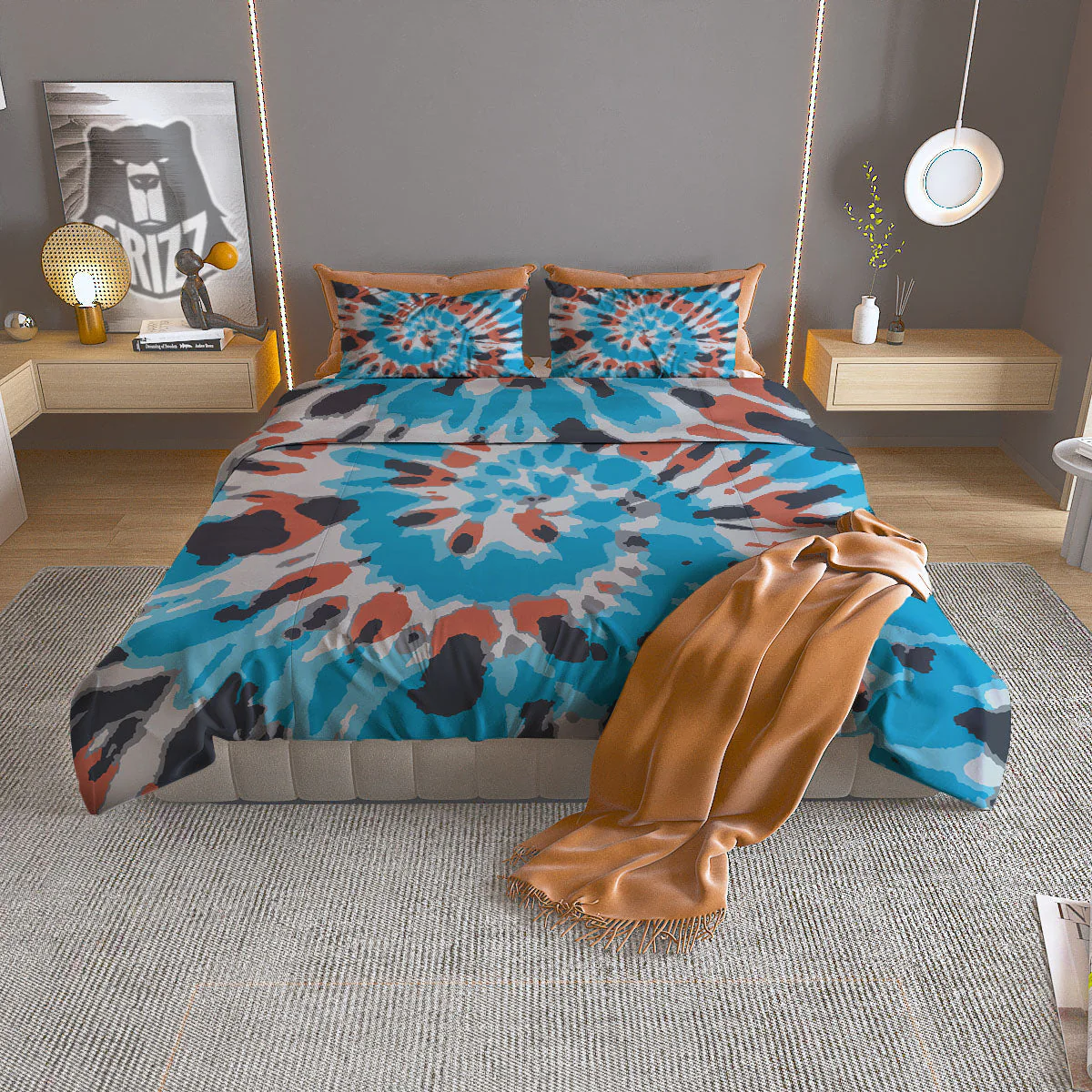 Tie Dye Blue And Orange Print Duvet Cover Bedding Set