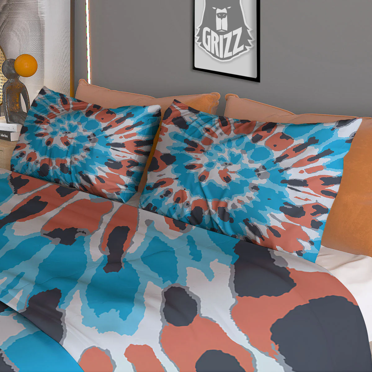 Tie Dye Blue And Orange Print Duvet Cover Bedding Set - Image 3