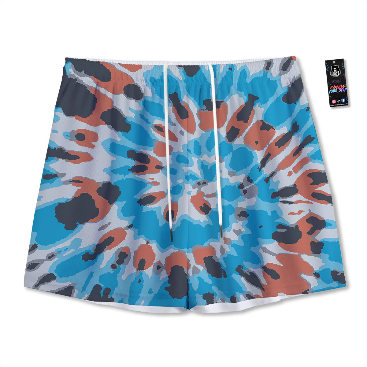 Tie Dye Orange And Blue Print Mesh Shorts