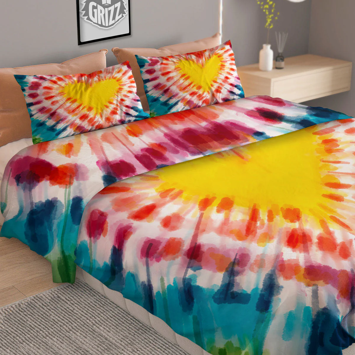 Tie Dye Rainbow Heart Print Duvet Cover Bedding Set - Image 2