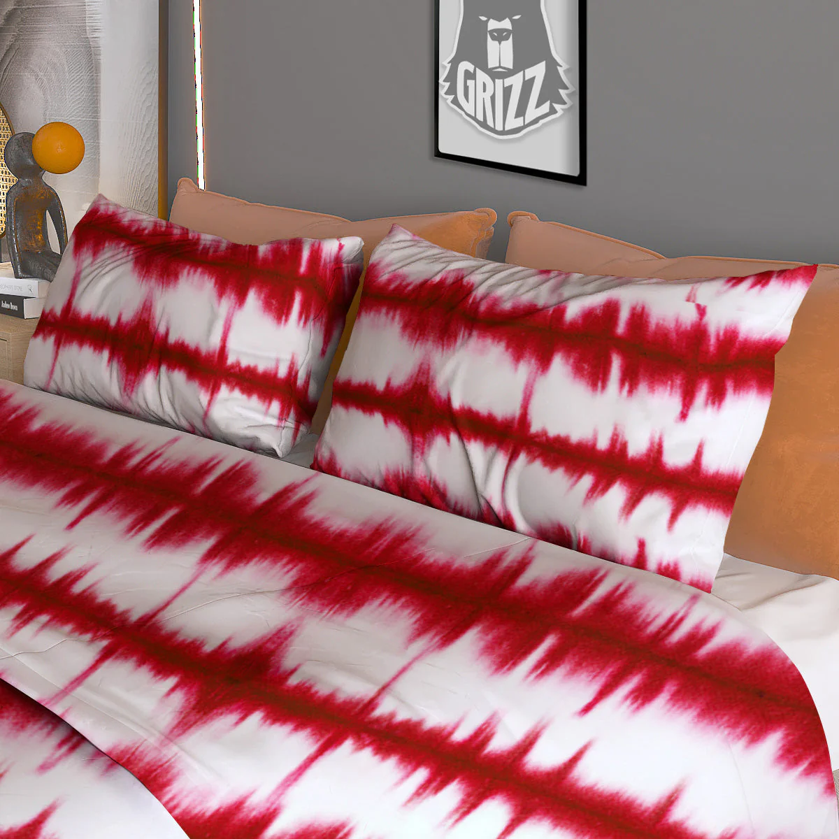 Tie Dye Red Stripe Print Pattern Duvet Cover Bedding Set - Image 3