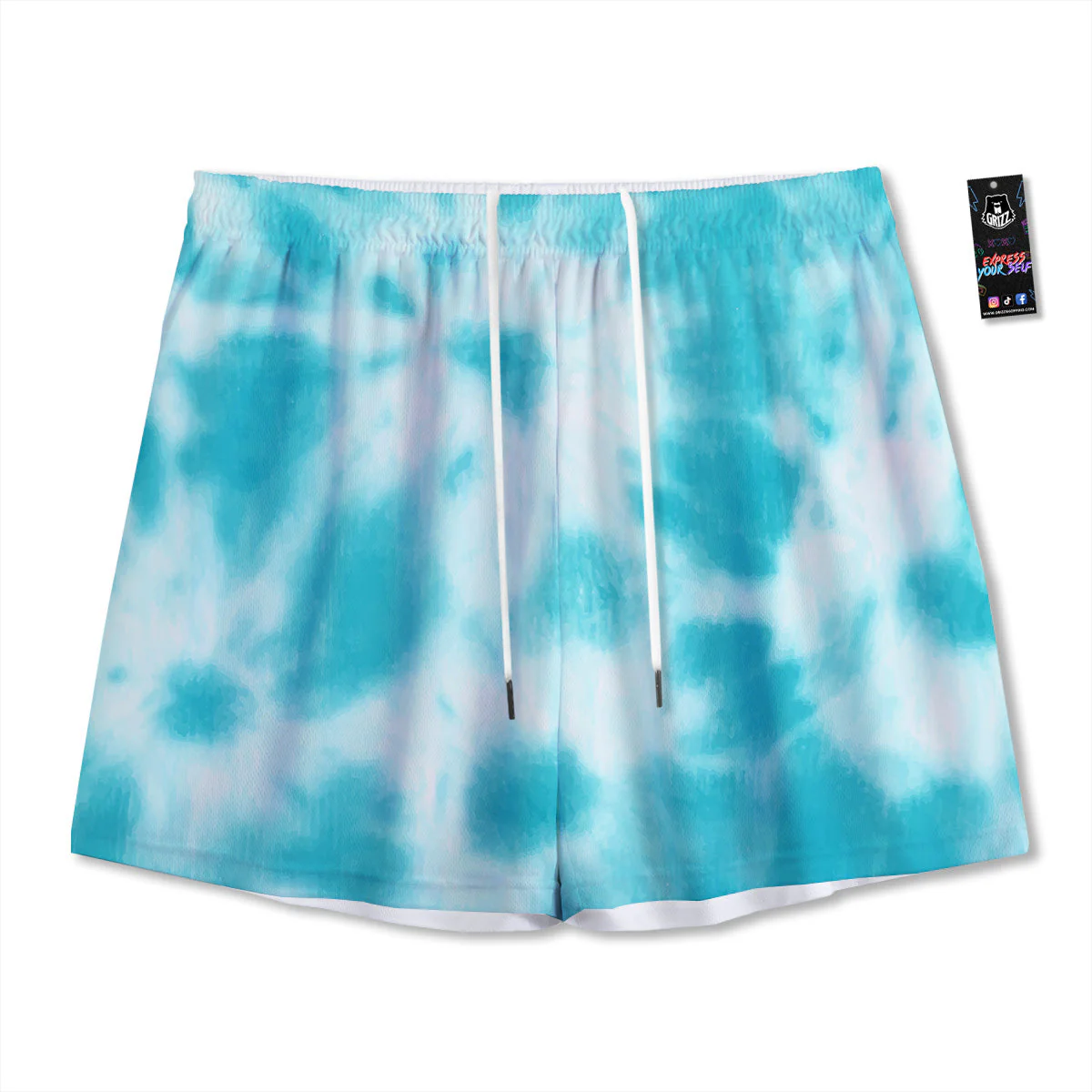 Tie Dye White And Blue Print Mesh Shorts