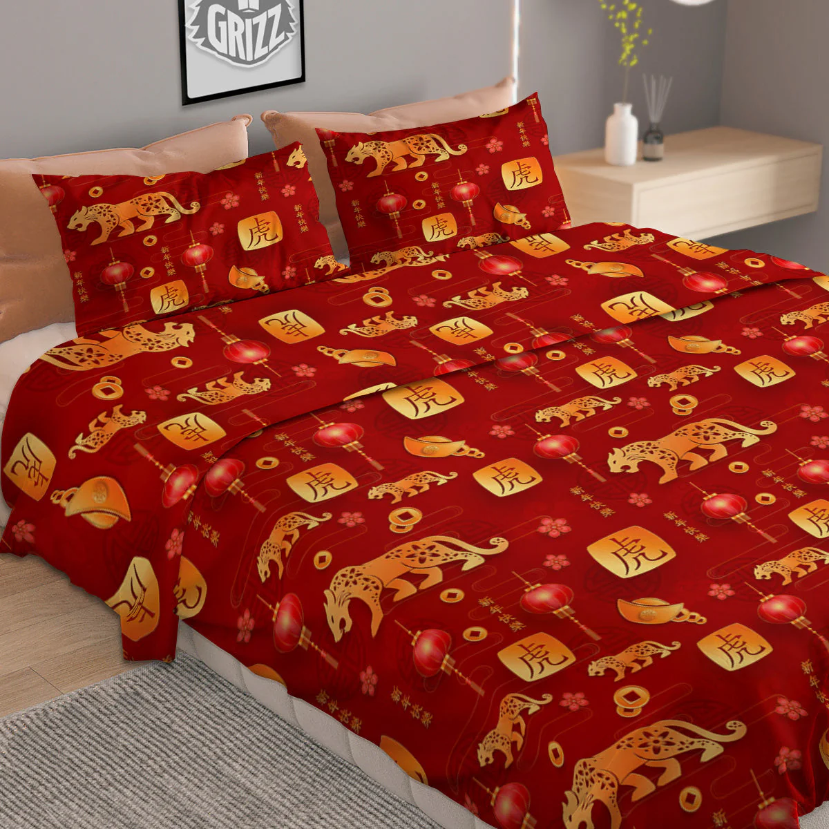 Tiger And Chinese New Year Print Pattern Duvet Cover Bedding Set - Image 2