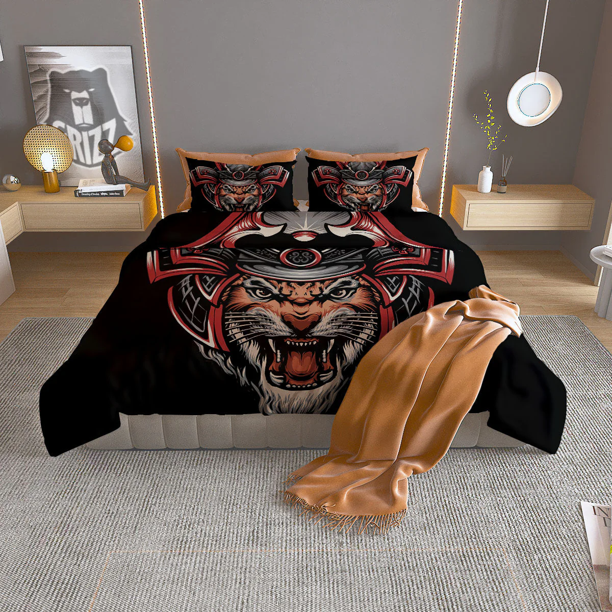 Tiger And Japanese Samurai Print Duvet Cover Bedding Set