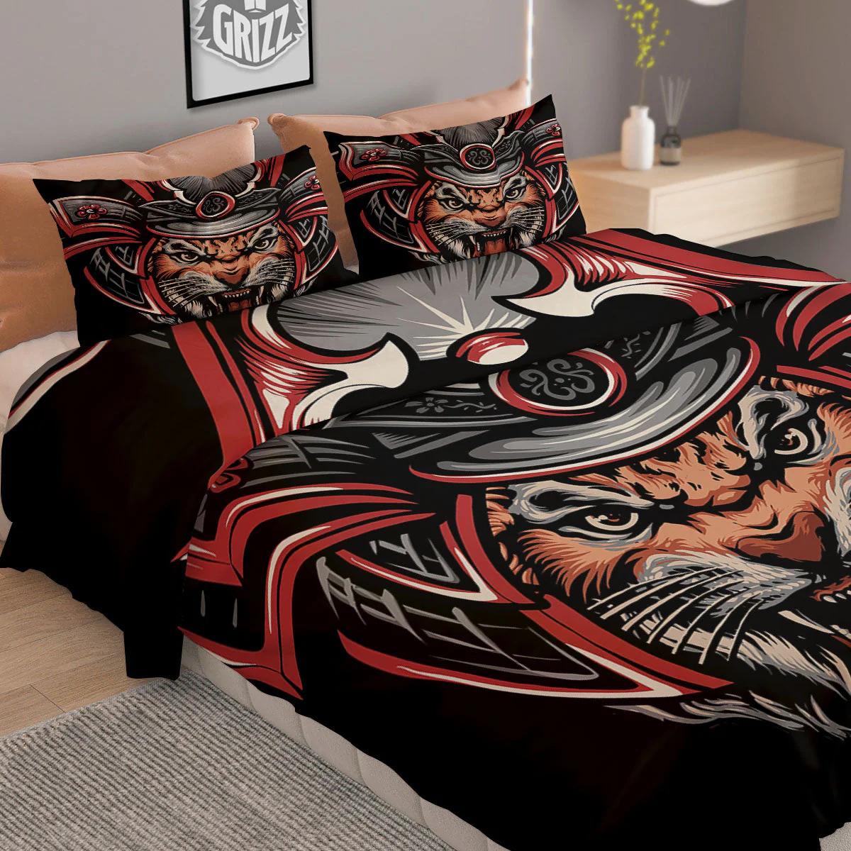 Tiger And Japanese Samurai Print Duvet Cover Bedding Set - Image 2