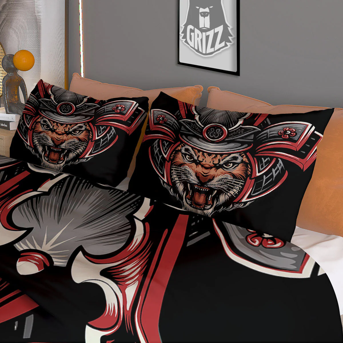 Tiger And Japanese Samurai Print Duvet Cover Bedding Set - Image 3