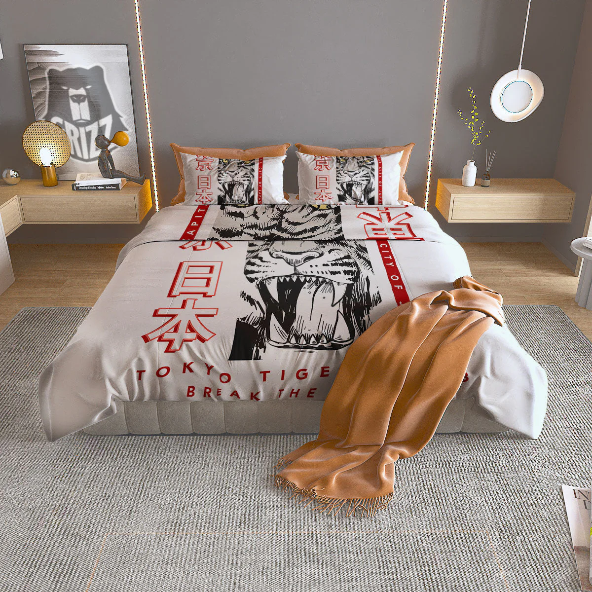 Tiger Japanese Style Print Duvet Cover Bedding Set