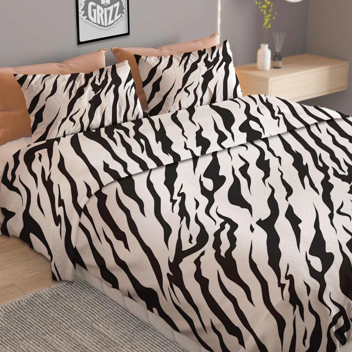 Tiger White And Black Print Pattern Duvet Cover Bedding Set - Image 2